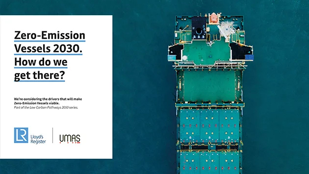 Front cover of Zero-Emission Vessels 2030 report with top view of of cargo ship