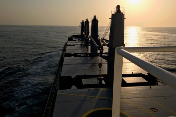 Bulk carrier at sunset