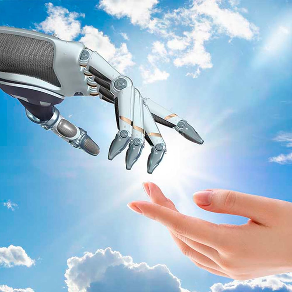 A robotic hand touches a human hand, blue sky clouds background.