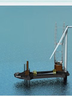 Offshore wind farm, blue ocean and sky. 