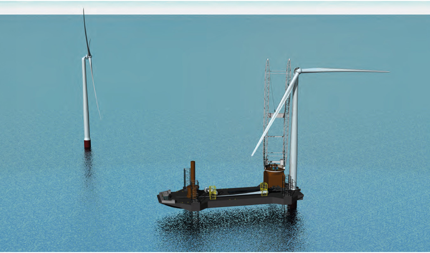 Offshore wind farm, blue ocean and sky. 