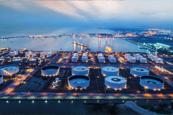 A ship dock at night. 