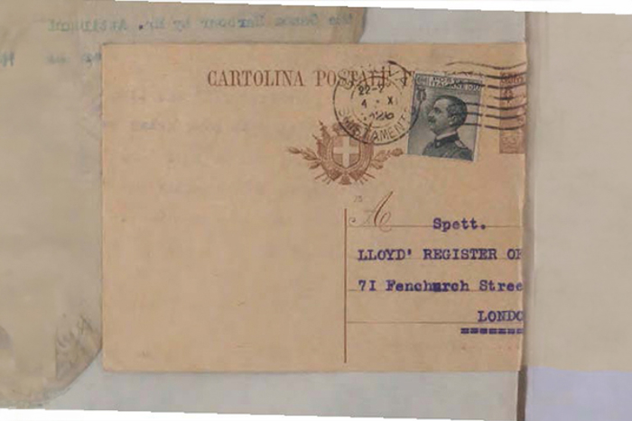 A postcard from King Victor Emmanuel III, about the vessel Sorriso.