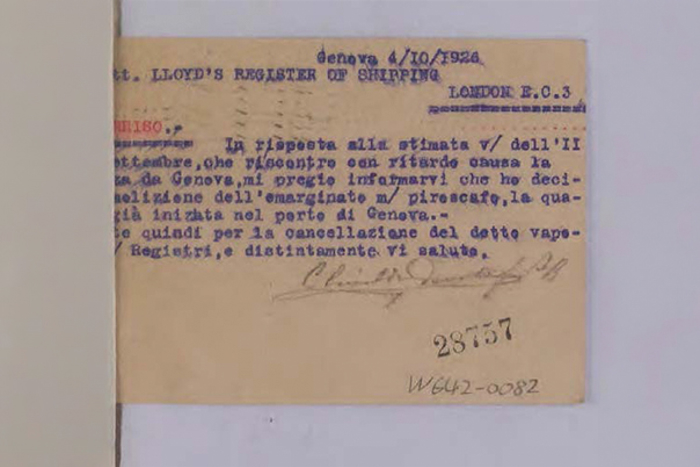 A postcard from King Victor Emmanuel III, about the vessel Sorriso.