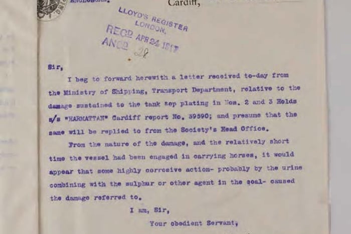 A letter from LR’s Cardiff Surveyor, A.B.R Harris, solves the case of the Harmattan’s tank plating being damaged.