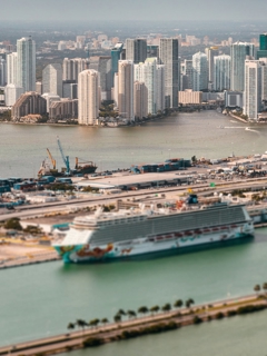 A large harbour with docks and cruise ships