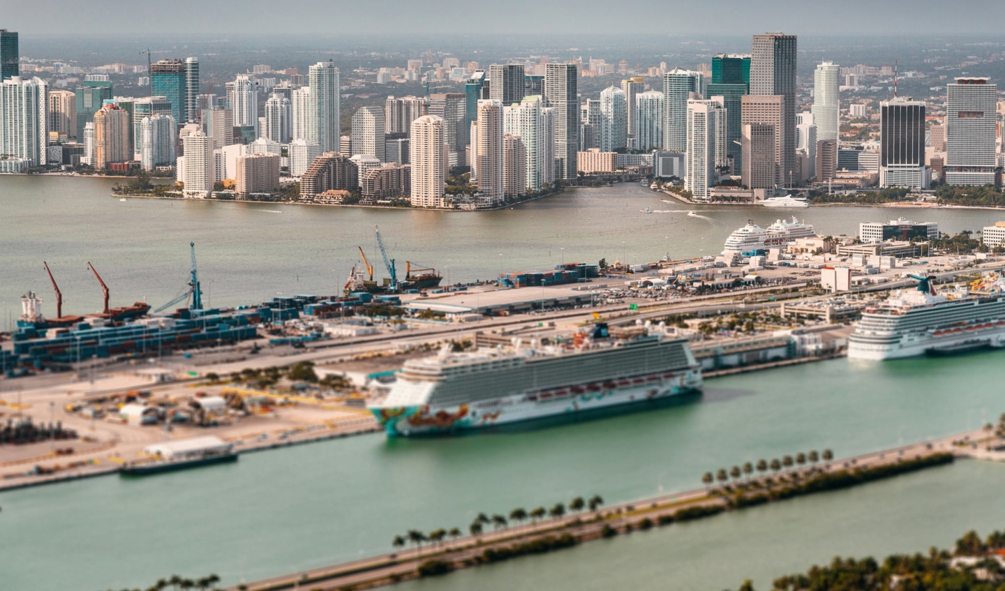 A large harbour with docks and cruise ships
