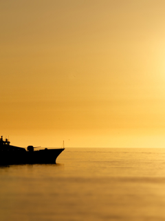 Ship on the sea at sunset.