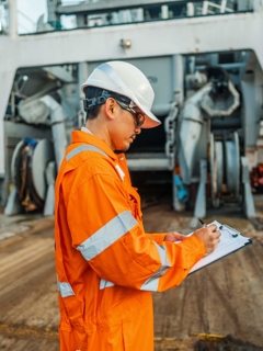 Ship worker in a boilet suit and hardhat looks at a clipboard.