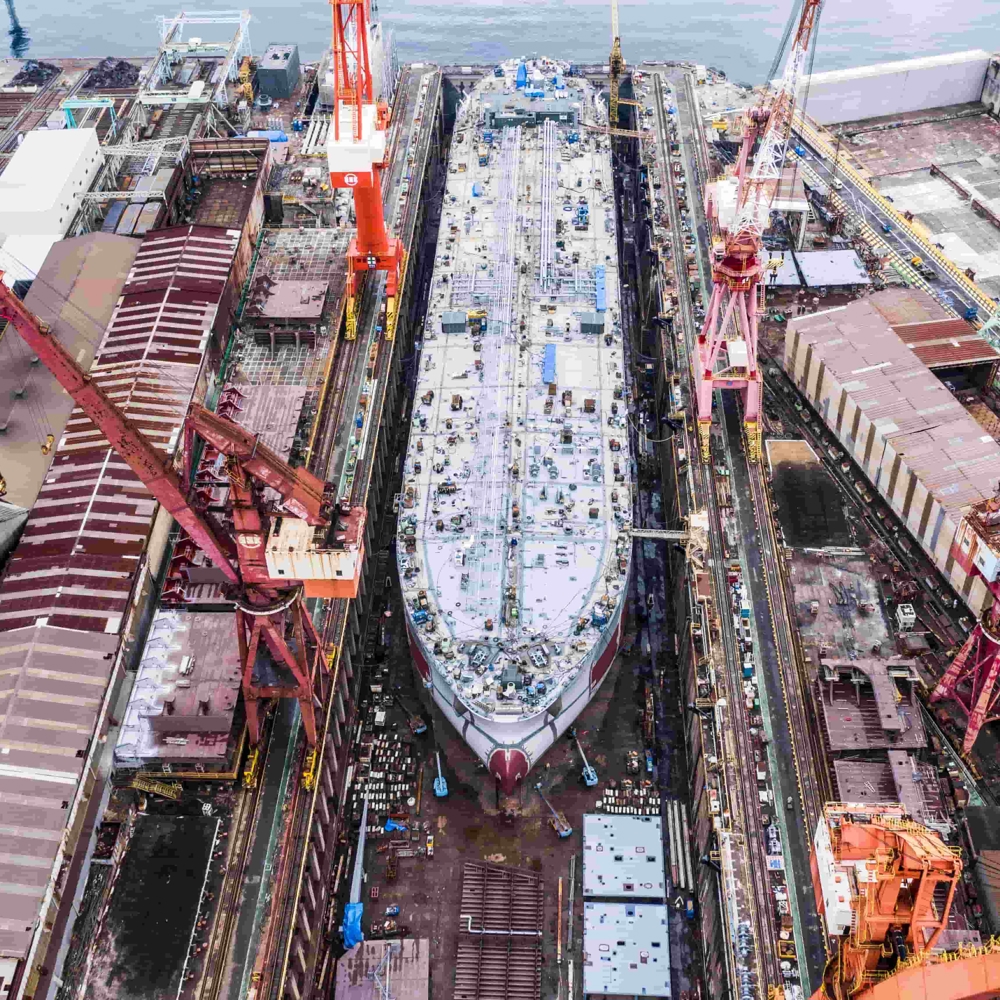 Aerial view of ship build yard.