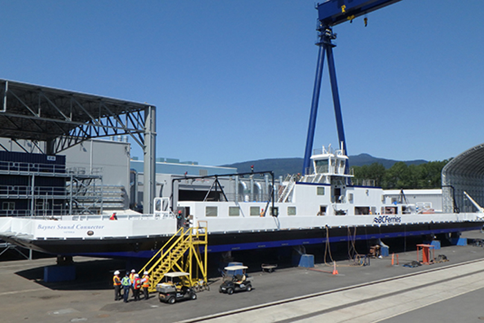 Baynes Sound Connector vessel, receiving its finishing touches.