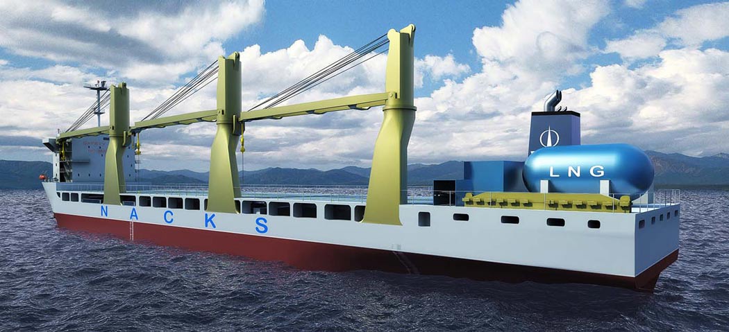 Side angle render of NACKS ship sailing in the ocean with its three deck cranes and LNG fuel tank in view.