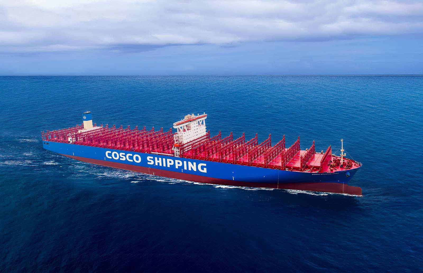 View of the ship MV COSCO Shipping Aries sailing on the ocean
