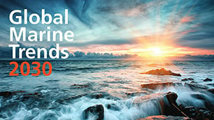 Cover image of report with an image of the sun on the ocean's horizon and header text that reads Global Marine Trends 2030.