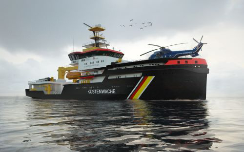 Image of the Kustenwache vessel on the ocean with a helicopter having landed on its deck and birds flying overhead