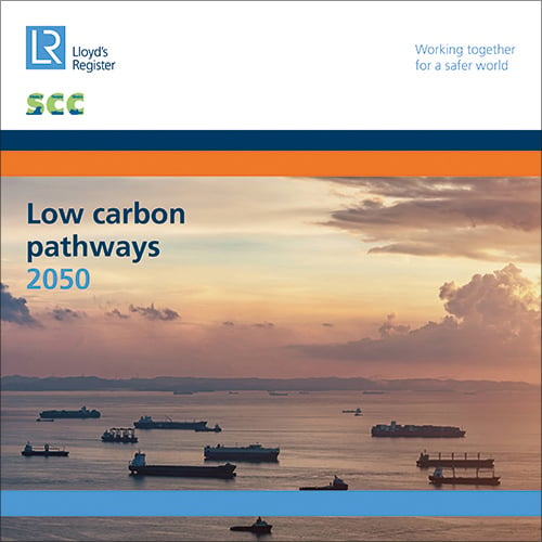 Front cover of Low carbon pathways 2050 report with LR and SCC logos and image of fleet of ships in ocean