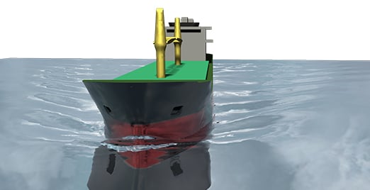 Front view render, ship scale CFD simulation of the subject vessel on water.