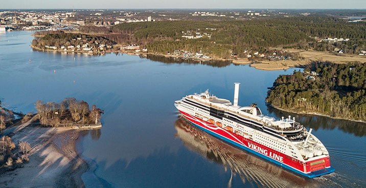 Scenic view of Viking Line passenger ship sailing in waterways