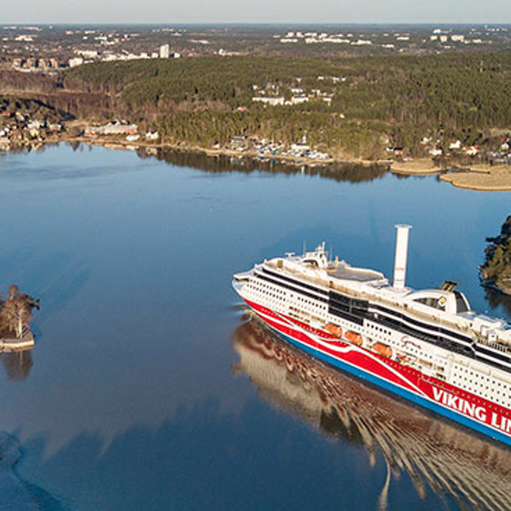 Scenic view of Viking Line passenger ship sailing in waterways