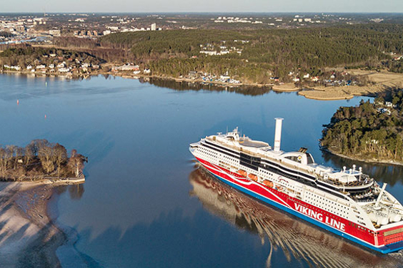 Scenic view of Viking Line passenger ship sailing in waterways