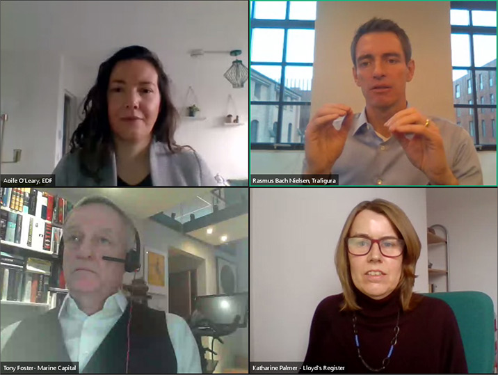 Four webinar panellists in a webinar recording with views of their faces on screen
