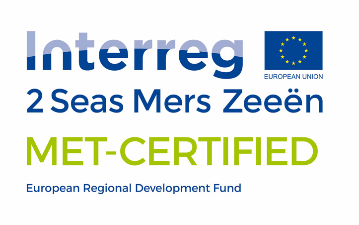 Logo with European Union symbol and text Interreg 2 Seas Mers XZeeen MET-CERTIFIED European Regional Development Fund