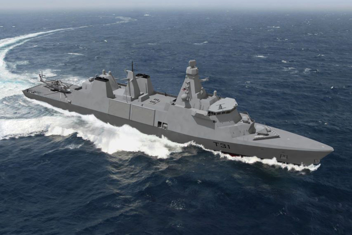 Render image of new T31 naval vessel cruising in ocean