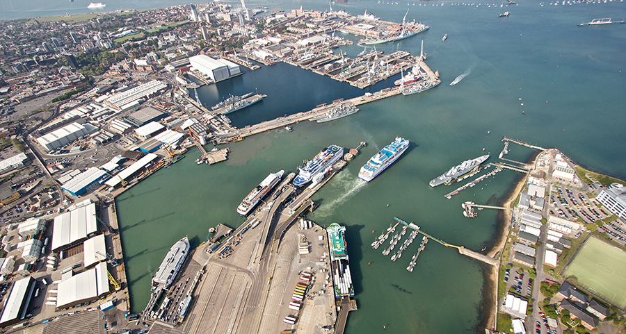 Aerial view of portsmouth and ferry terminals
