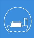 Blue square illustration with white outline of ship image.