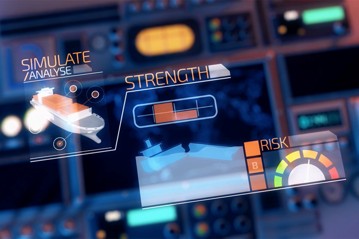 Graphics for Llyod's Register video demonstrating the elements of simulate, analyse, strength and risk.