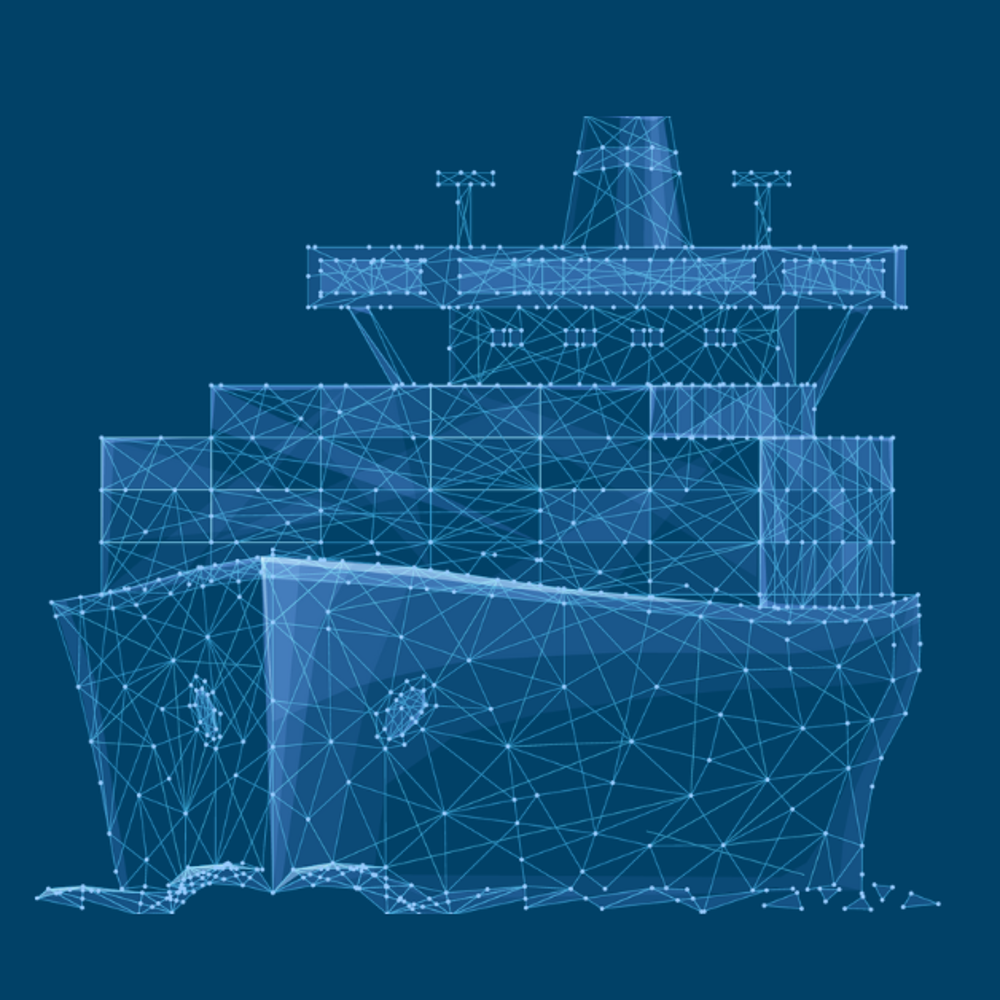 Ship blueprint on digital sea