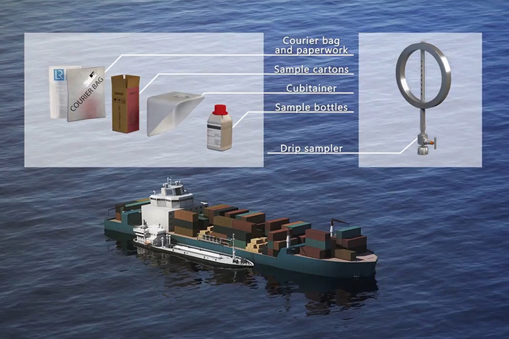 Image of a ship showing all the items necessary in the fuel bunkering process: courier bag and paperwork, sample cartons, cubitainer, sample bottles and a drip sampler