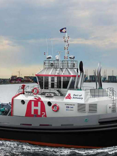 A hydrogen powered tug pictured steaming along in the Port of Antwerp