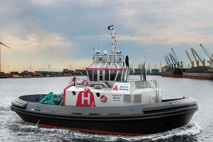 A hydrogen powered tug pictured steaming along in the Port of Antwerp
