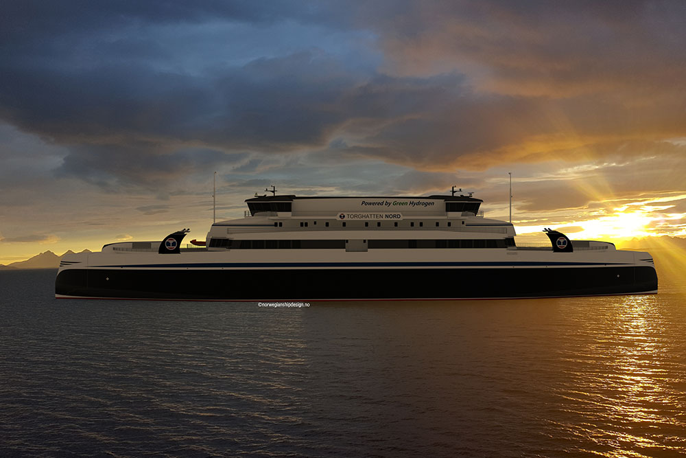 The two hydrogen-powered vessels will operate on Norway’s longest ferry route. (Picture: Nowegian Ship Design)