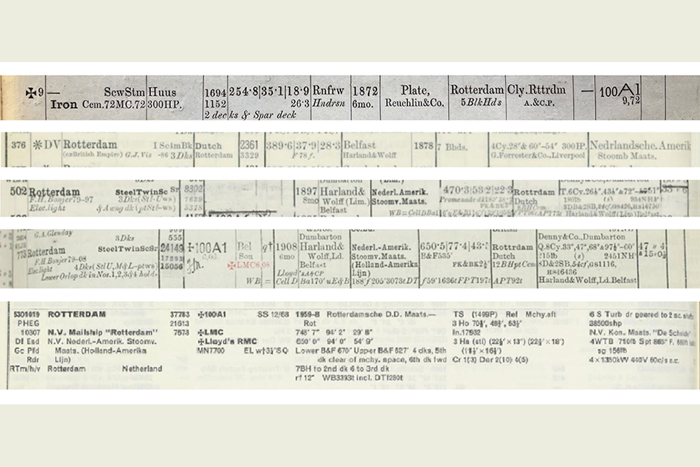 Photo of different entries from old Lloyd’s Register of Shipping books revealing details about the various Rotterdam vessels.