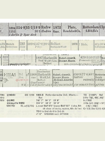 Photo of different entries from old Lloyd’s Register of Shipping books revealing details about the various Rotterdam vessels.