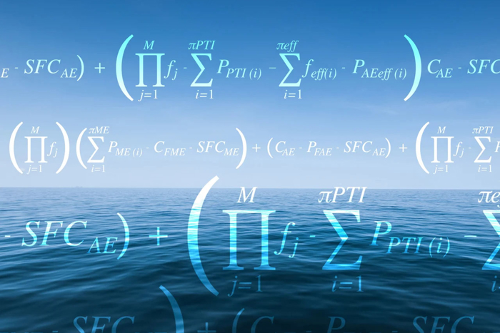Scientific formulae superimposed over an image of a calm sea