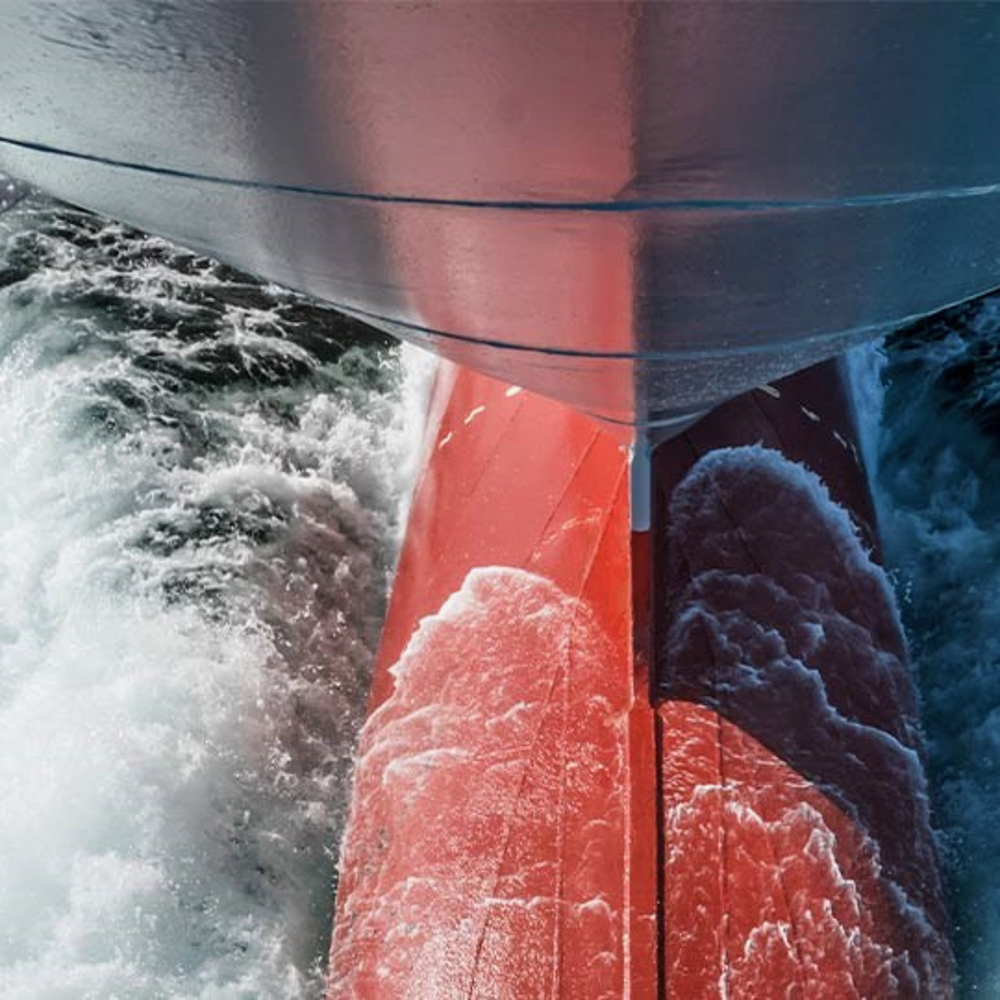 Red ship bow in the ocean
