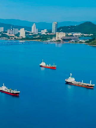 Ships docked in a bay