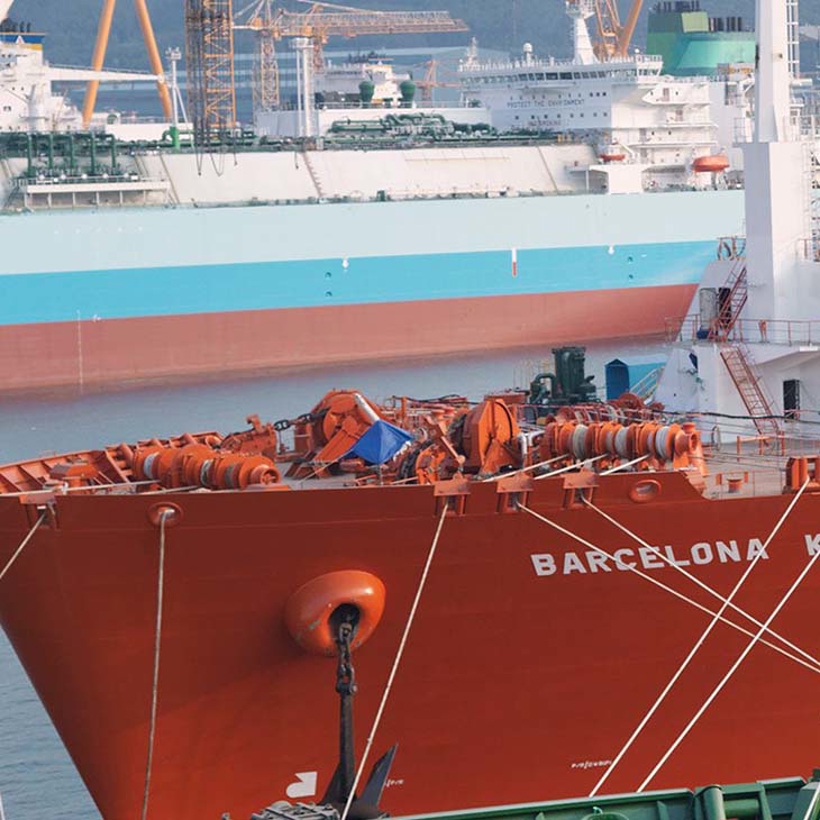 Red Barcelona ship under construction.