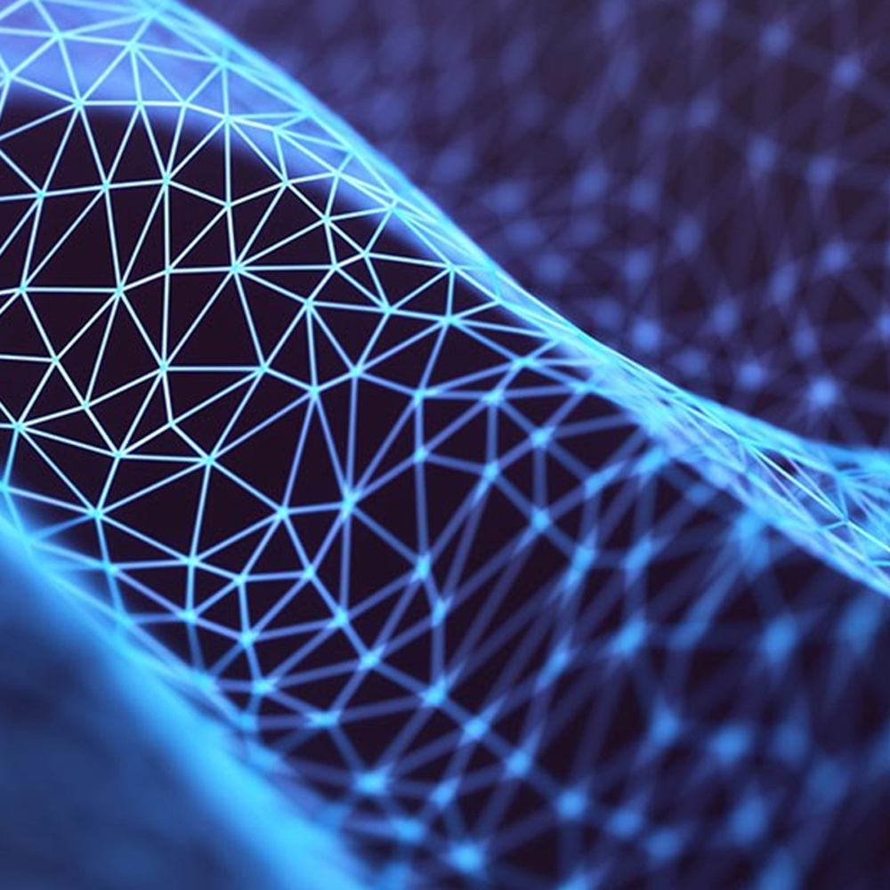 Graphic of intricate digital network on blue background.