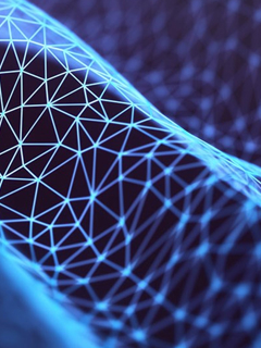 Graphic of intricate digital network on blue background.