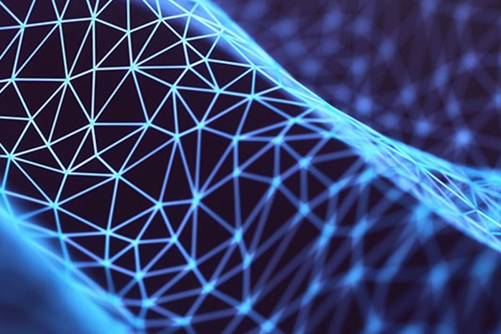Graphic of intricate digital network on blue background.