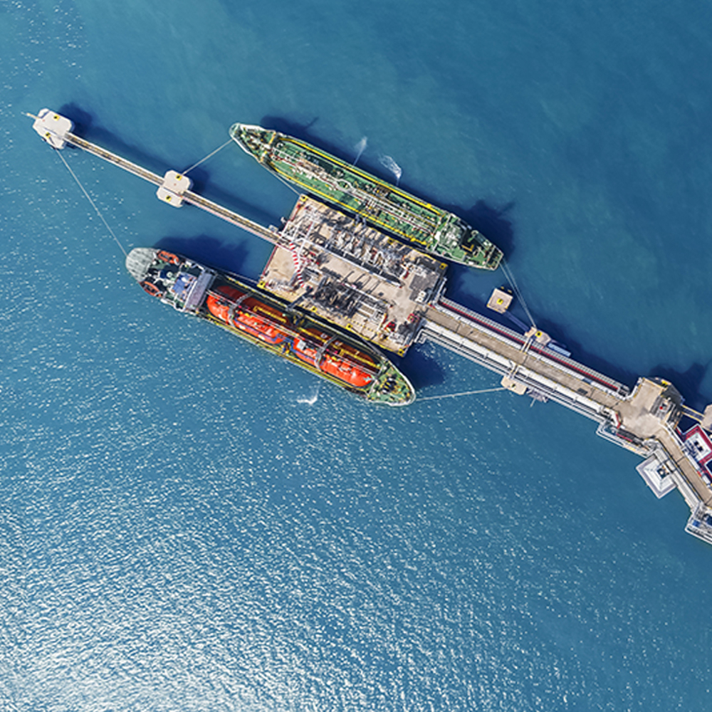Overhead view of vessel at offloading dock.