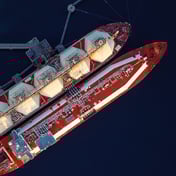 Top view of LNG carrier docked.