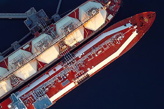 Top view of LNG carrier docked.