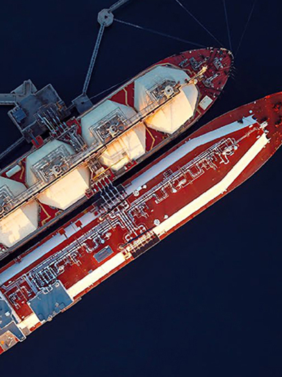 Top view of LNG carrier docked.