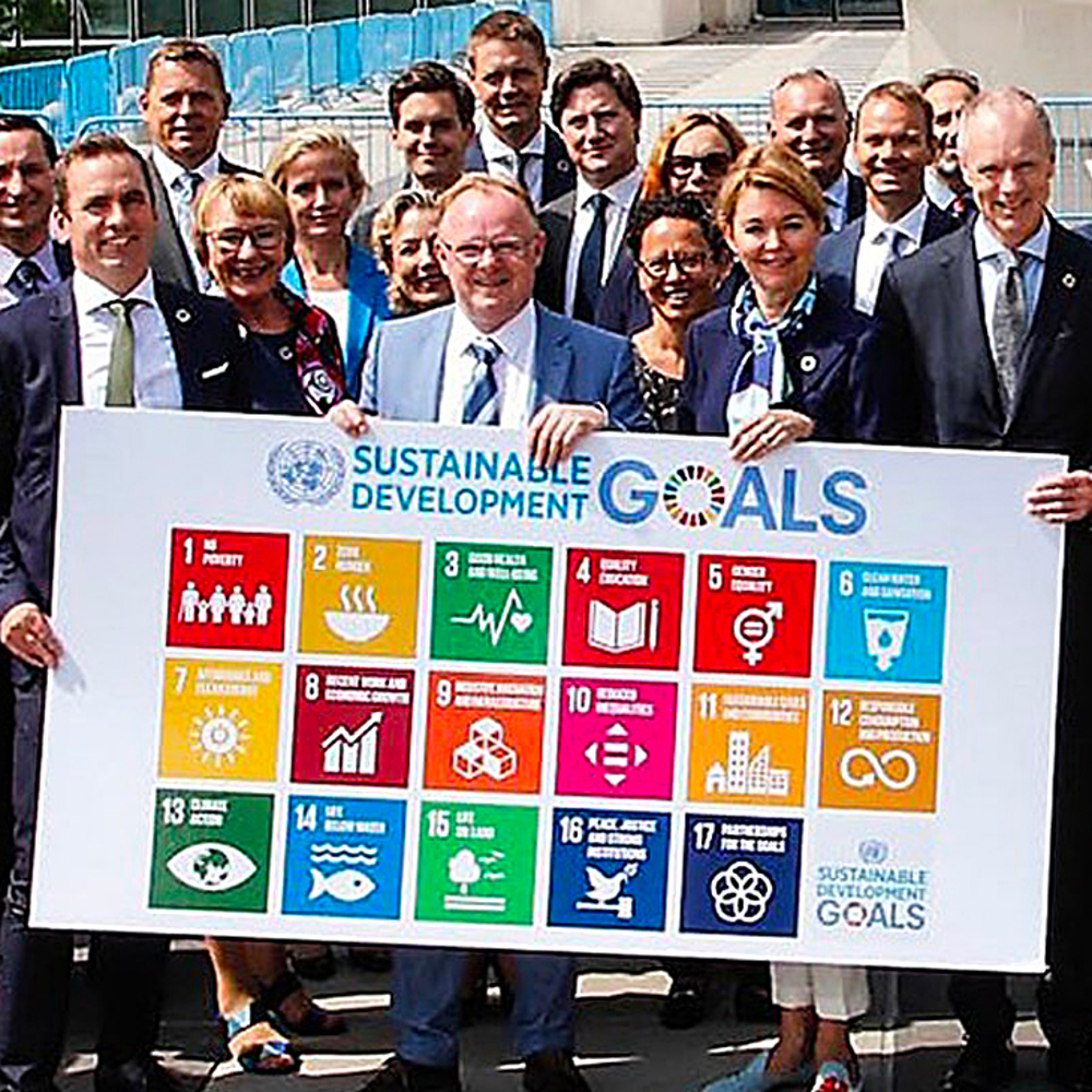 Large group shot of LR group holding Sustainable Development Goals sign.