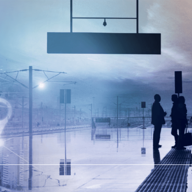 Graphic of office workers standing on a train platform, cityscape.